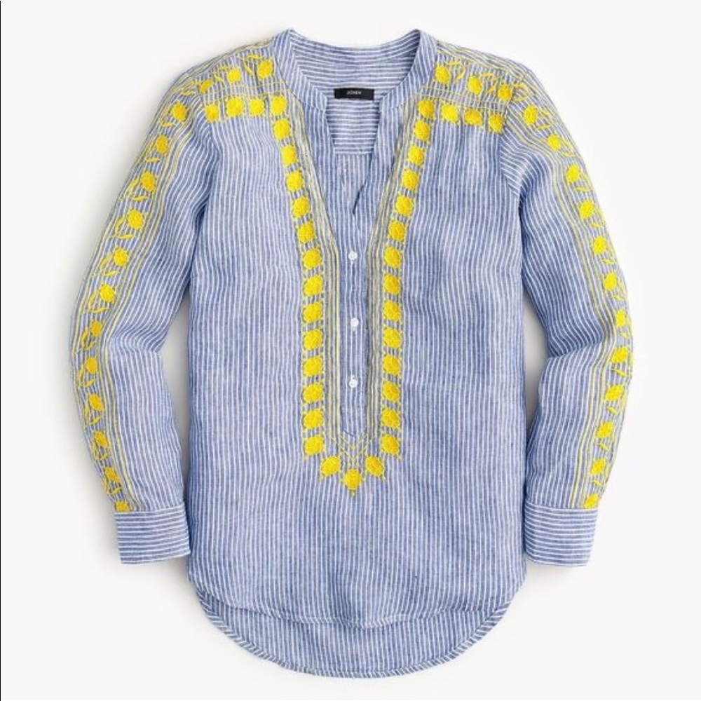 J. Crew Blue and Yellow Embroidered Blouse
